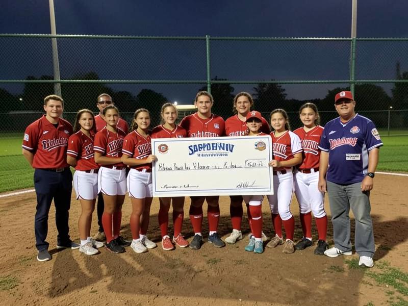 A sponsored youth softball team holding a ceremonial check