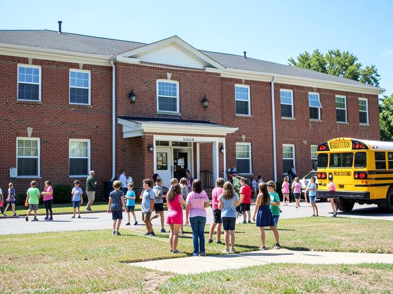 Students outside a local brick school building